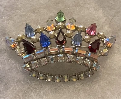 VTG SIGNED B David Crown Brooch Pin AB & Multi-color Rhinestones Faux  Pearl 2” - Image 1 of 4