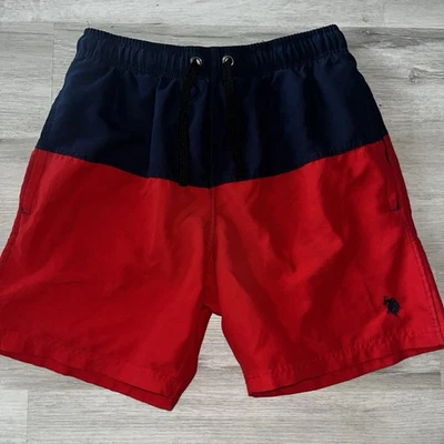 US Polo Assn Board Shorts Para Hombres Talla Pequeña Azul y Rojo Cordón Bolsillos Traje de Baño Foto 1 de 4