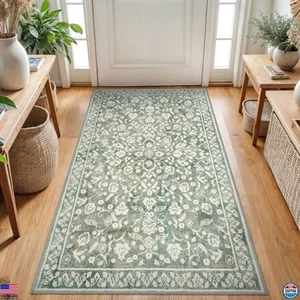 Vintage 3x5 Washable Non-Slip Rug, Soft Sage Green Floral Area Carpet - Picture 1 of 6