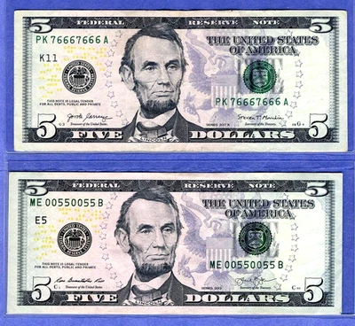 Binary # 00550055 (5's on a $5) + 76667666 REPEATER $5 Fancy Serial Number notes - Image 1 of 2
