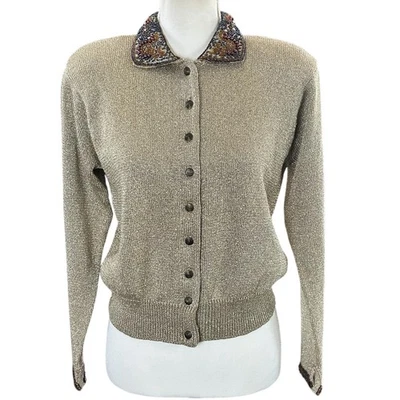 Cárdigan Valerie Stevens Mujer Talla Pequeña Metálico Dorado Tejido Cuentas Abotonado Retro Foto 1 de 4
