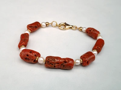 Bracciale donna corallo rosso di Sardegna naturale perla vera arg.925 plac oro - Immagine 1 di 4
