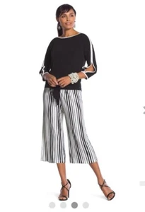 Chico’s Knit Kit Paintbrush Striped Crop Pants Black White Pallazzo Style NWT - Picture 1 of 6