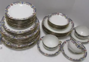 39pc LIMOGES DINNERWARE Pink Roses Blue Band J POUYAT for Wanamaker 1930 ArtDeco - Picture 1 of 12