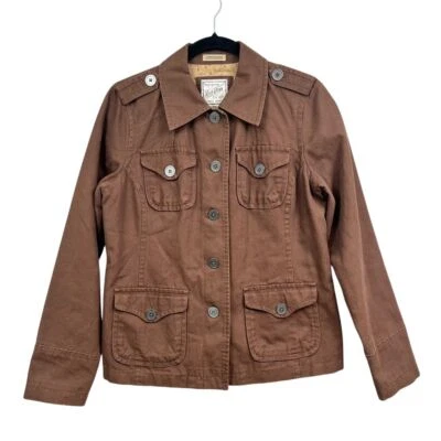 Chaqueta utilitaria militar tallada con volantes para mujer con cuello bolsillos con solapa forrada marrón talla M Foto 1 de 4