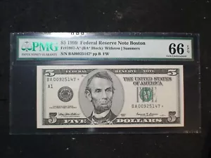 1999 Five Dollar PMG GEM UNC 66 EPQ BOSTON DISTRICT STAR NOTE $5 Bill BUY IT! - Picture 1 of 4