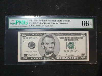 1999 Five Dollar PMG GEM UNC 66 EPQ BOSTON DISTRICT STAR NOTE $5 Bill BUY IT! - Image 1 of 4