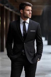 Men's 2-Piece Black Suit Slim Fit Tailored Elegant Blazer Coat for Formal - Picture 1 of 4