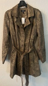 Dennis Basso Printed Faux Suede Belted Trench Coat Brown Large - Picture 1 of 4