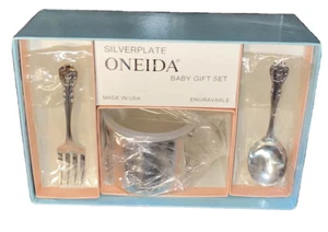 IOB*ONEIDA*3 piece Silverplate BABY GIFT SET* SIPPY CUP+SPOON+FORK*Engraved*1994 - Picture 1 of 10