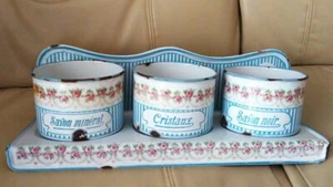 FRANZÖSISCHES ANTIKES BB Emaille SABON Regal mit Rosenmotiv seltenes blaues Streifendesign GEBRAUCHT - Bild 1 von 5