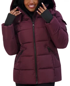 $129.50 Steve Madden Women's Faux-Fur-Lined Hooded Puffer Coat, Merlot, Medium - Picture 1 of 4