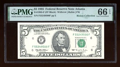 DBR 1995 $5 Atlanta Gem Fr. 1985-F PMG 66 EPQ Serial F55249500F - Image 1 of 2