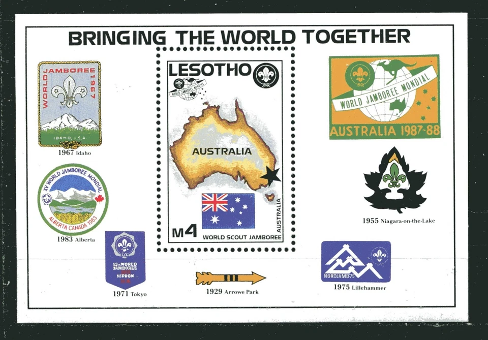 LESOTHO 1987, SCOUTS, 16TH WORLD JAMBOREE, MAP, FLAG,  Scott 598 S/S, MNH - Image 1 of 1