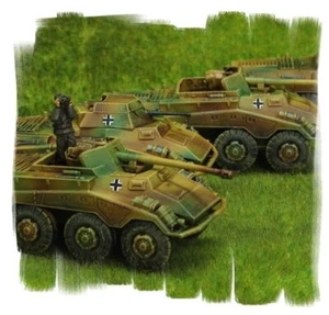 ¡Pintado! Tropa Scout Pesada Alemana (4 vehículos) 15 mm Segunda Guerra Mundial Llamas de Guerra - Imagen 1 de 2