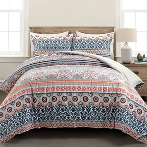 Set copripiumino 3 pezzi reversibile in cotone a righe Nesco, king, navy e corallo - Foto 1 di 5