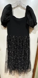 Zunie Girls Black Floral Embroidered Layered Puff Sleeve Party Dress Size 16 - Picture 1 of 8