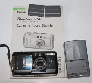 Canon PowerShot S50 camera - 5.0 MP - charger, batteries, paper manual - AS IS - Picture 1 of 4
