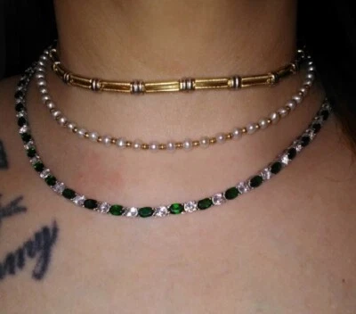 Emerald Green Chrome Diopside and White Topaz Gemstone Tennis Necklace 18" - Image 1 of 4