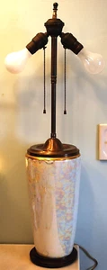 Antique WHITE RAINBOW OPALINE IRIDESCENT GLASS Table Lamp Dual Sockets W Bronze - Picture 1 of 24
