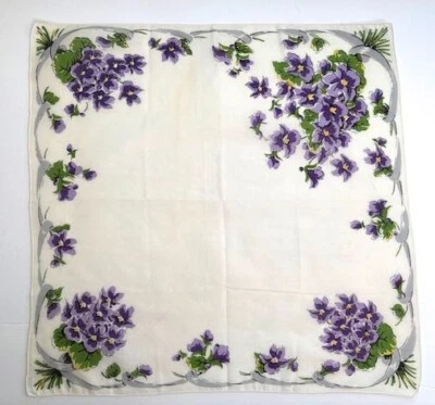 DE COLECCIÓN AÑOS 50 HANKIE HANKY ESTAMPADO FLORAL PÚRPURA VIOLETAS RAMOS CINTA GRIS Foto 1 de 4