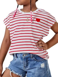 Girl's Cute Striped T Shirts Short Sleeve Heart Casual Teen Tee Tops Preppy C... - Picture 1 of 6