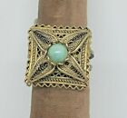 Vintage Ring Sterling Silver Gold Plate With Turquoise Stone Yemenite Filigree