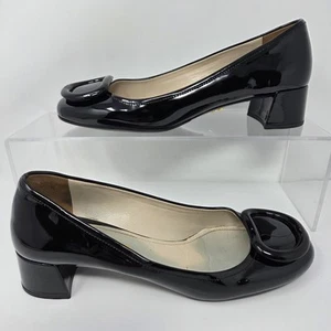 Prada Black Patent Leather Low Block Heel Pumps 37 U S 6.5 Loafers *Worn INSOLES - Picture 1 of 12