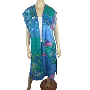 MAGGIE SHEPHERD vintage ladies sz M duster greens blues floral patchwork cover - Picture 1 of 8