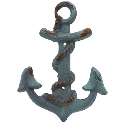 Anchor Coat Wall Hook Turquoise Heavy Cast Iron Maritime Beach House Nautical 8" - Image 1 of 4
