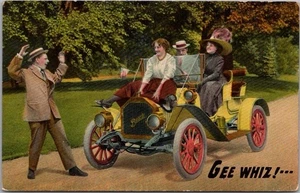 Vintage 1910s Automobile Comic Greetings Postcard GEE WHIZ! Girl on Hood of Car - Picture 1 of 2