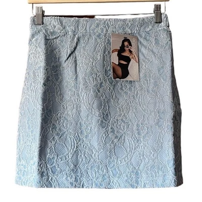 NWT Naked Wardrobe Women's Floral Lace Mini Skirt Back Zip Light Blue Size Small - Image 1 of 4