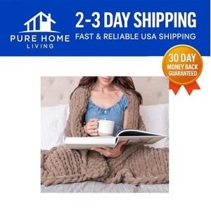 Cozy 50x70" Sandstone Chenille Knit Blanket - Elegant Boho Decor Throw - Picture 1 of 12