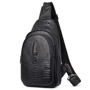 Crocodile Leather Sling Bag with Leather Strap, 3 Zipper Crossbody Shoulder B... - Picture 1 of 6