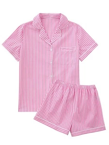 Women's Striped Pajamas Set Button Down Short Sleeve Shirt 2 Piece Sleepwear ... - Picture 1 of 7