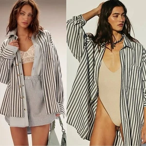 Free People Menswear Oversized Freddie Striped Shirt Nautical Navy Size Medium - Bild 1 von 16