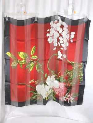 VALENTINO FOULARDS Silk Scarf Floral Orchids Red Gray Box 33" Square Italy Vtg - Image 1 of 4