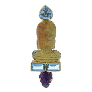 Yellow Gold Citrine Aquamarine Buddha Head Brooch - 18k 5.80ctw Carved Pin - Picture 1 of 8