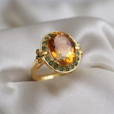 Art Deco Oval Cut Natural Citrine 14K Yellow Gold Plated Silver Engagement Ring - Image 1 of 4