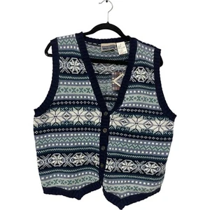 Erika Classics Clothing Navy Fair Isle Button Knit Sweater Vest Women Size L NWT - Picture 1 of 9