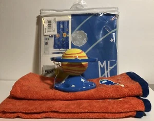 Jumping Beans Blast Off Shower Curtain + 2 Hand Towels & Toothbrush Holder NEW - Picture 1 of 12