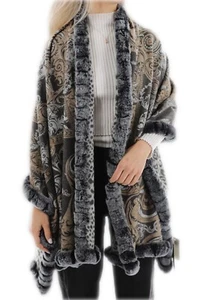 La Fiorentina - Women's Reversible Cashmere Wrap with Rex Rabbit Trim - Picture 1 of 4