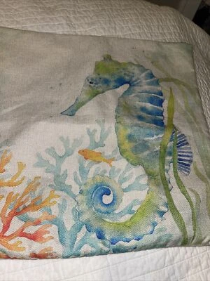 seahorse pillow cover zippered ocean coral fish 17.5” home decor Staging Prop - Image 1 of 4