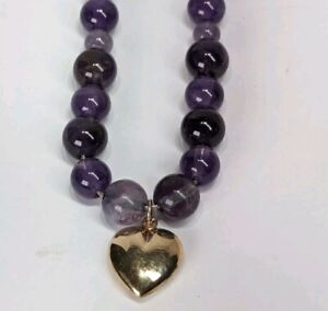 VTG Amethyst 9mm Beads Sterling Silver Snake Chain 18k Heart 925 Necklace