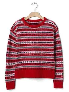 New Gap Kids Girls Red Fair Isle Long Sleeve Crew Neck Rib Trim Sweater 6 7 - Picture 1 of 3