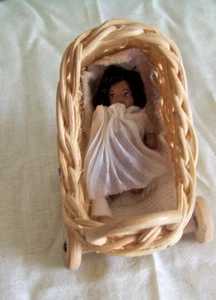 BABY CARRIAGE 1980s WICKER with WOOD BASE & WHEELS & tiny bisque black baby - Picture 1 of 6