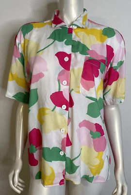 Vintage Lord & Taylor Bold Pink Floral SS Blouse Shirt Top L Tropical SPOT - Image 1 of 4