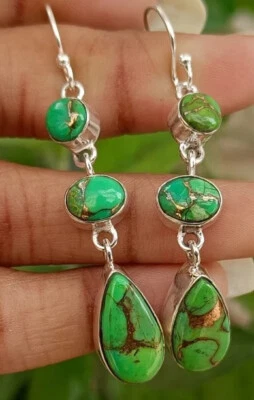 Lush Green Copper Turquoise Gemstone 925 Sterling Silver Handmade Earring S-43 - Image 1 of 4