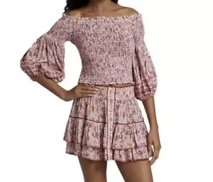 NWT ! Poupette St. Barth Pink Ariel Smocked Off Shoulder Crop Top S/M ๐ - Picture 1 of 7