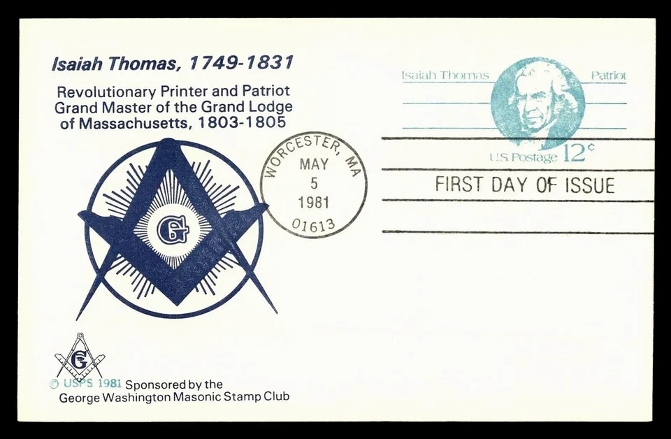 UX89 12c Postcard (1981) PATRIOT & MASON - ISAIAH THOMAS FDC FROM THE GWMSC - Image 1 of 1
